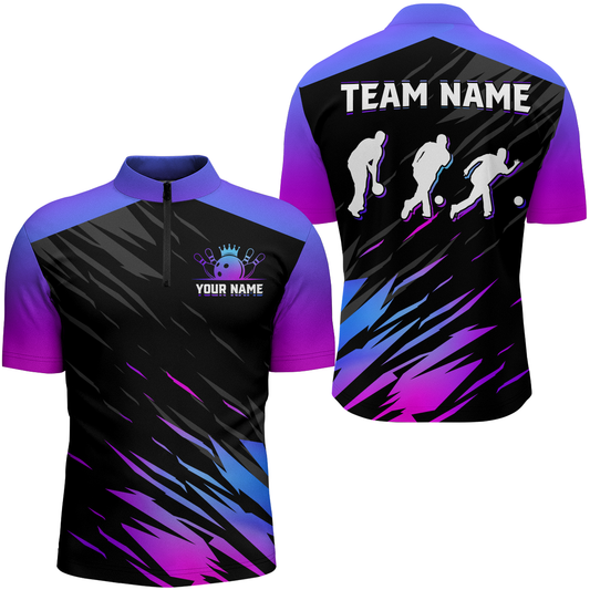 Teal&Purple Bowling Shirts Men & Women Custom Bowling Jersey Team Bowling Quarter-Zip BDT525