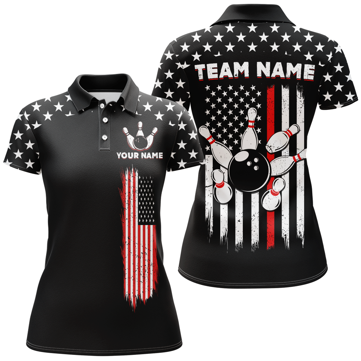 Custom American Bowling Polo Shirts For Men Women Bowling Team Jersey Patriotic BDT497