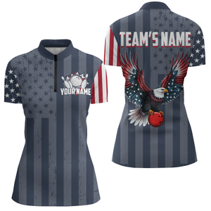 Eagle Navy Bowling Shirt For Men & Women Custom Patriotic Bowling Team Jersey Quarter-Zip BDT540