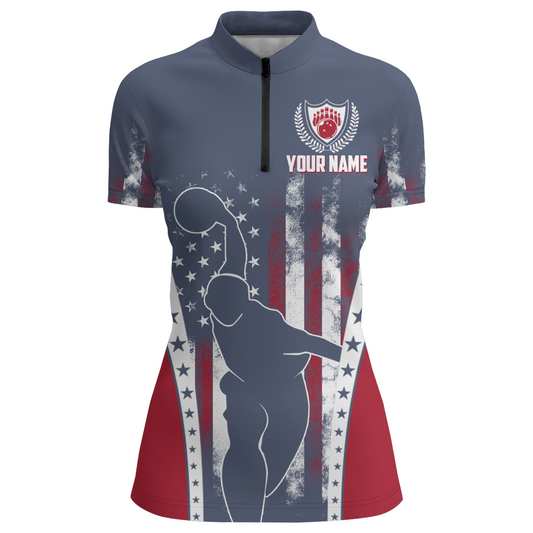 American Bowling Jersey For Women Custom Navy Bowling Shirt Team Bowling Quarter-Zip Shirt BDT316