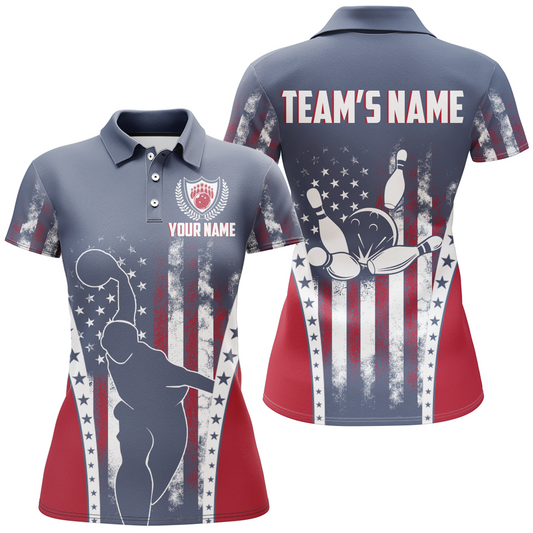 American Bowling Jersey For Women Custom Navy Bowling Shirt Team Bowling Polo Shirt BDT316