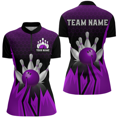Custom Purple Flame Bowling Quarter Zip Shirts For Men & Women Bowling Team Jersey BDT456