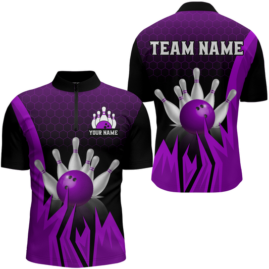 Custom Purple Flame Bowling Quarter Zip Shirts For Men & Women Bowling Team Jersey BDT456
