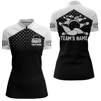 Black&White Bowling Quarter-Zip Shirt For Women Custom Bowling Jersey Ladies Bowling Team Shirt BDT139