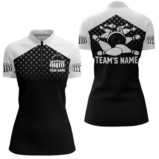 Black&White Bowling Quarter-Zip Shirt For Women Custom Bowling Jersey Ladies Bowling Team Shirt BDT139