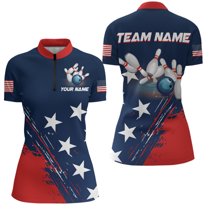 Patriotic Bowling Jersey for Men & Women Custom American Bowling 1/4 Zip Shirts Team League BDT549