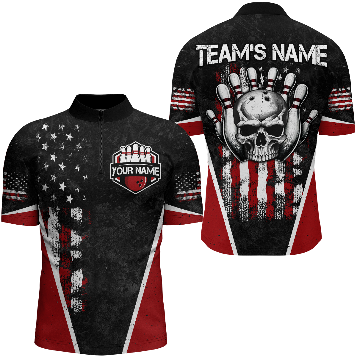 Skull Bowling Shirt Personalized American 1/4 Zip Bowling Team Jersey for Men & Women BDT475