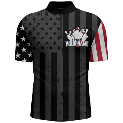 Custom American Bowling Shirt For Men Black Bowling Jersey Team League Bowling 1/4 Zip Shirt BDT334