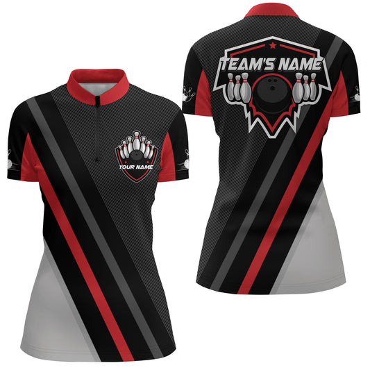 Black&Red Bowling Quarter-Zip Shirt For Women Vintage Bowling Team Jersey Custom Bowling Shirt BDT183