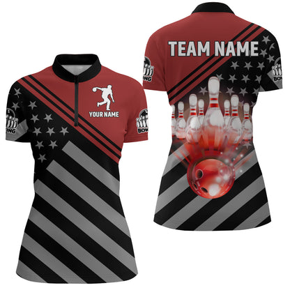 Red&Black Bowling Jersey Women Custom Bowling Shirt American Flag Bowling Quarter-Zip Shirt BDT282