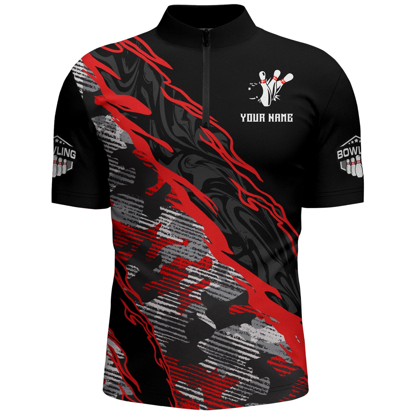Custom Bowling Shirt for Men Red Camo Bowling Jersey Flame Bowling Quarter-Zip Shirt BDT260
