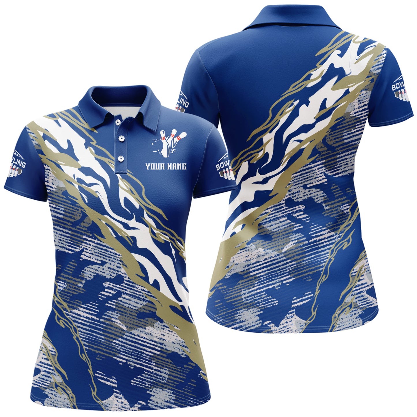 Custom Bowling Shirt for Women Blue Camo Bowling Jersey Flame Bowling Polo Shirt BDT261