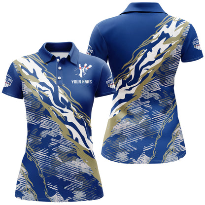 Custom Bowling Shirt for Women Blue Camo Bowling Jersey Flame Bowling Polo Shirt BDT261