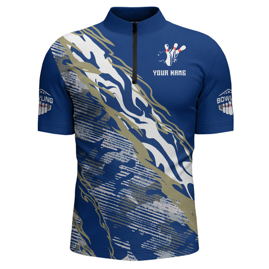 Custom Bowling Shirt for Men Blue Camo Bowling Jersey Flame Bowling Quarter-Zip Shirt BDT261