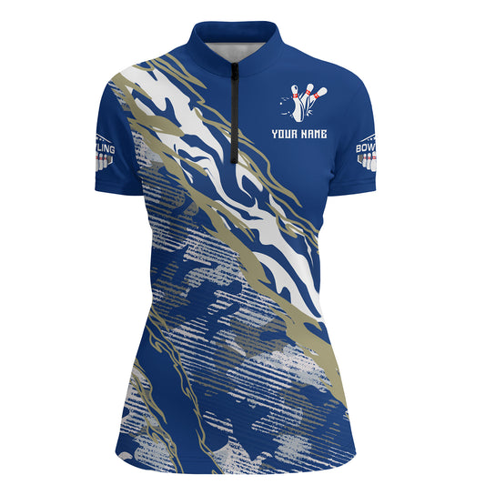 Custom Bowling Shirt for Women Blue Camo Bowling Jersey Flame Bowling Quarter-Zip Shirt BDT261