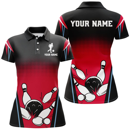 Custom Bowling Polo Shirt Black&Red Bowling Jersey For Women Custom Bowling Team Shirts BDT256