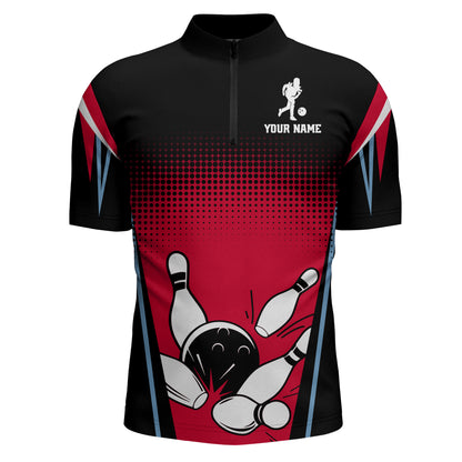 Custom Bowling Quarter-Zip Shirt Black&Red Bowling Jersey For Men Custom Bowling Team Shirts BDT256