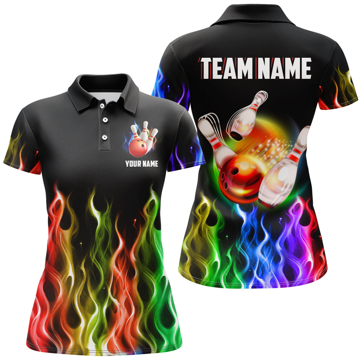 Rainbow Flame Bowling Jersey For Women Personalized Bowling Team Shirts Bowling Polo Shirt BDT324