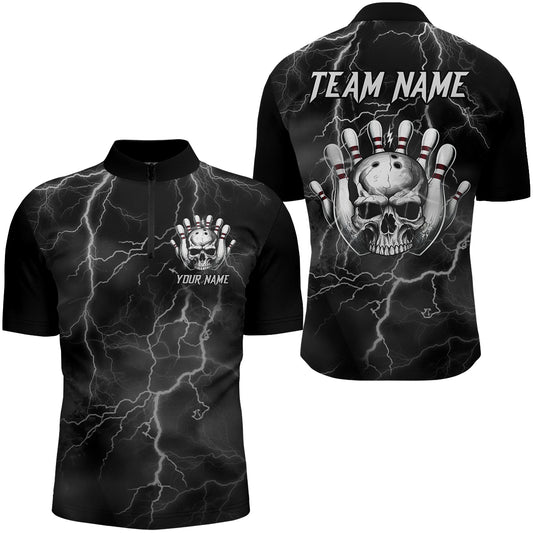 Skull Bowling League Shirt Men Bowling Jersey Team Lightning Thunder Bowling Quarter-Zip Shirt BDT335