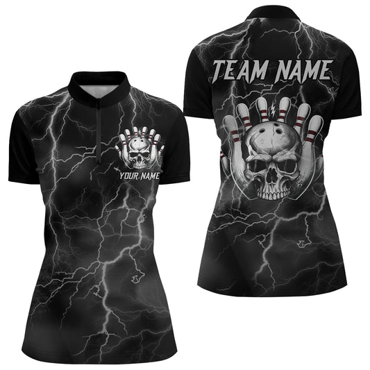 Skull Bowling League Shirt Women Bowling Jersey Team Lightning Thunder Bowling Quarter-Zip Shirt BDT335