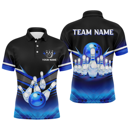 Custom 3D Bowling League Shirt Blue Bowling Jersey For Men Bowling Polo Shirt Team BDT339