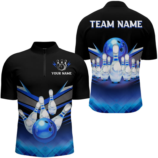 Custom 3D Bowling League Shirt Blue Bowling Jersey For Men Bowling Quarter-Zip Shirt Team BDT339