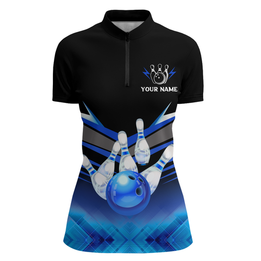 Custom 3D Bowling League Shirt Blue Bowling Jersey For Women Bowling Quarter-Zip Shirt Team BDT339