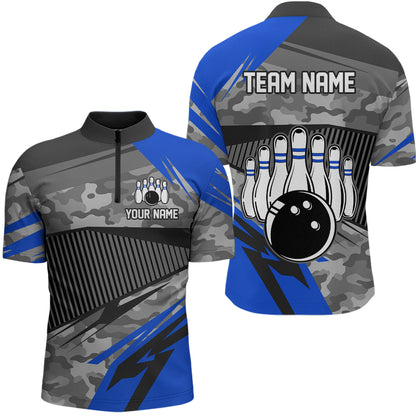 Blue Camo Bowling Shirts for Women Men Custom Team Bowling Polo & 1/4 Zip Shirt MBL61
