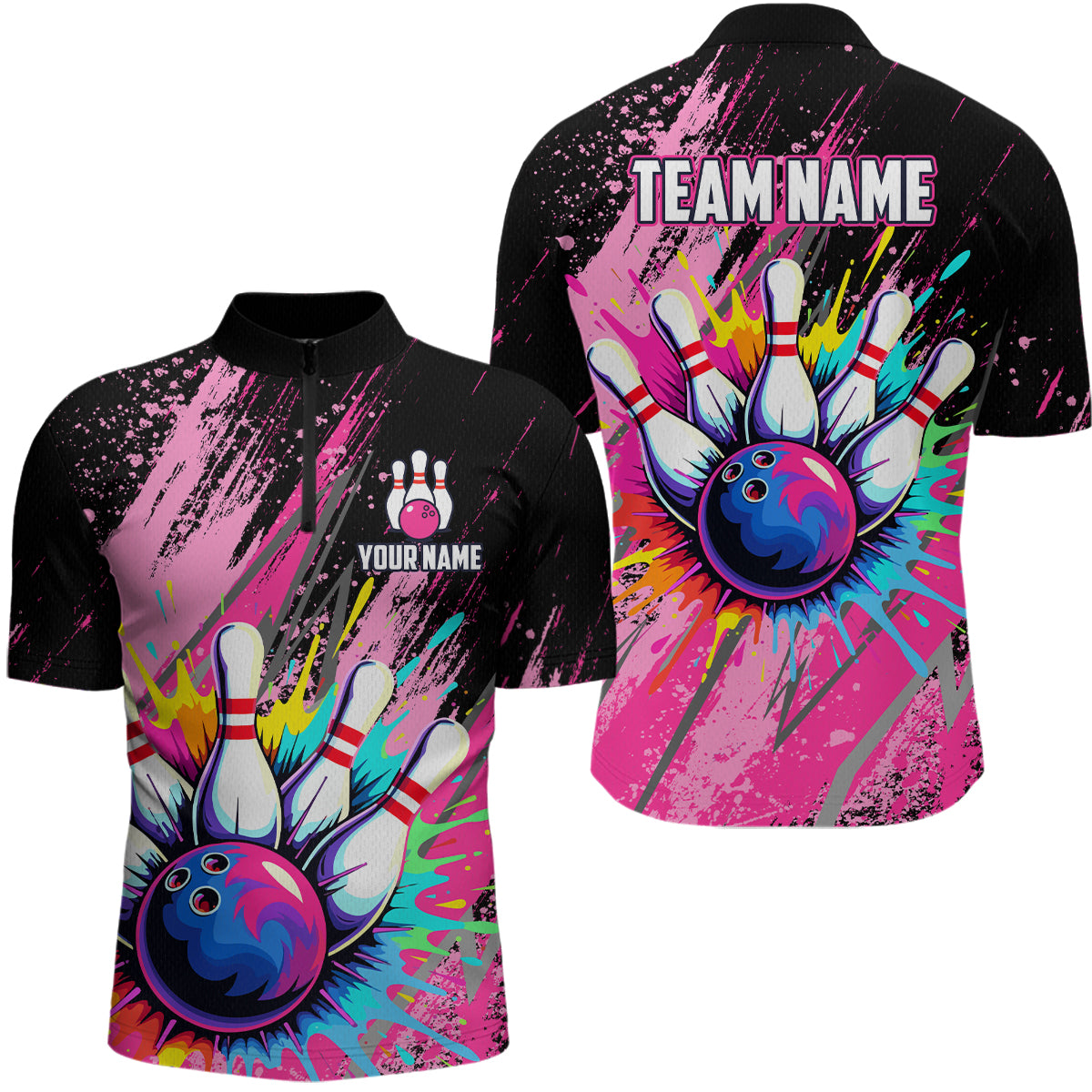 Custom Pink Bowling Shirt for Women Men Bowling Water Color Bowling Polo & 1/4 Zip Shirts MBL37