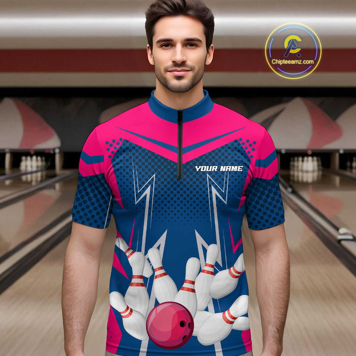 Pink&Blue Bowling Shirts for Men Women Team Personalized Bowling Polo and Quarter Zip MBL112