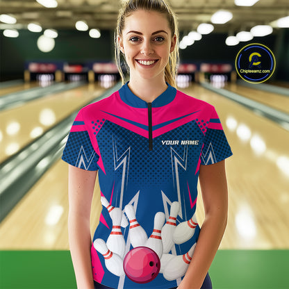 Pink&Blue Bowling Shirts for Men Women Team Personalized Bowling Polo and Quarter Zip MBL112