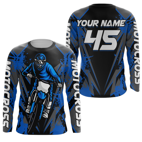 Blue Motocross Racing Jersey Youth UPF30+ Dirt Bike Shirt Off-Road Kid Men Long Sleeves XM152