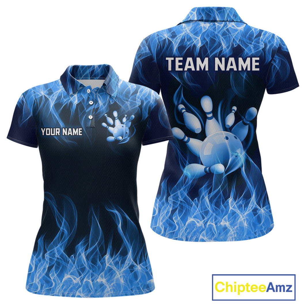 Custom Blue Flame Bowling Jersey for Women Bowling Uniform Polo & 1/4 Zip Bowling Team Shirts HNT106