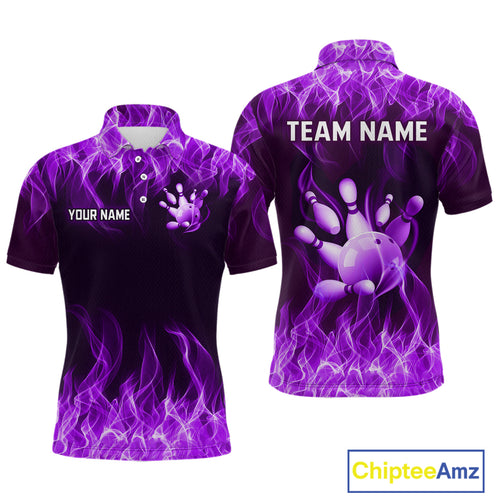 Custom Purple Flame Bowling Jersey for Men Bowling Uniform Polo & 1/4 Zip Bowling Team Shirts HNT106