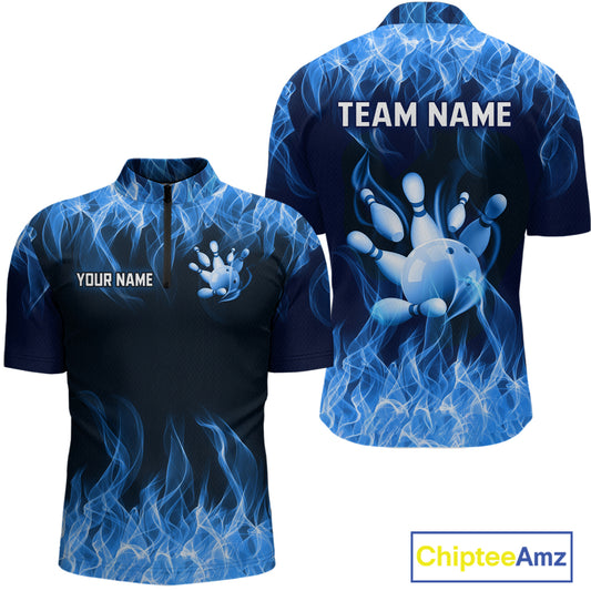 Custom Blue Flame Bowling Jersey for Men Bowling Uniform Polo & 1/4 Zip Bowling Team Shirts HNT106