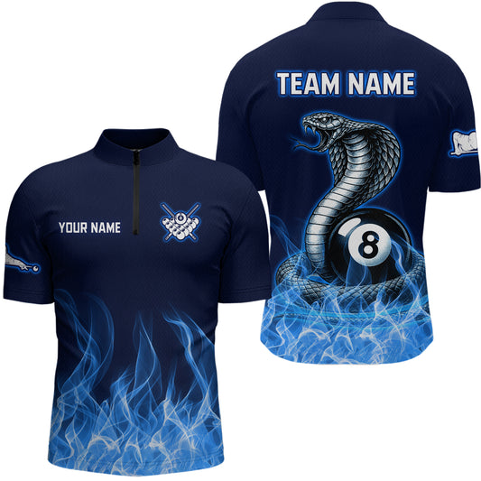 Custom Blue Cobra Snake 8 Ball Pool Flame Billiard Shirts for Men Team Polo & 1/4 Zip Shirts NNT56