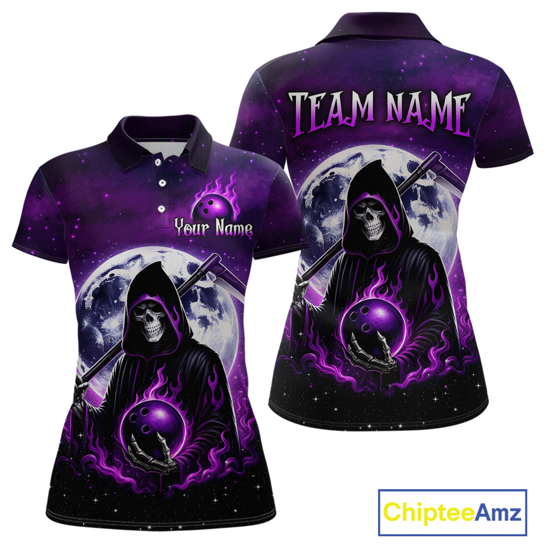 Custom Purple Skeleton Bowling Jersey for Women Bowling Uniform Polo & 1/4 Zip Bowling Team Shirts HNT109
