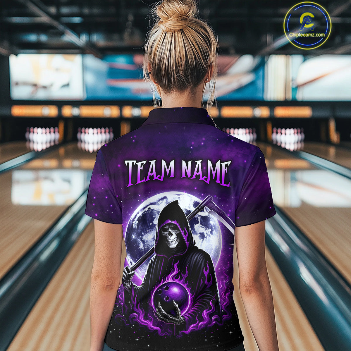 Custom Purple Skeleton Bowling Jersey for Women Bowling Uniform Polo & 1/4 Zip Bowling Team Shirts HNT109