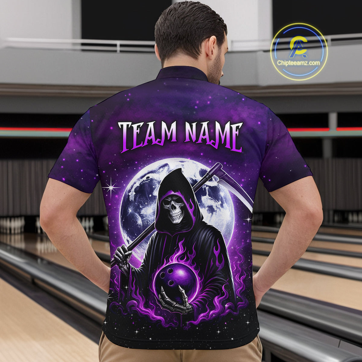 Custom Purple Skeleton Bowling Jersey for Men Bowling Uniform Polo & 1/4 Zip Bowling Team Shirts HNT109