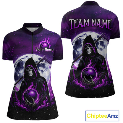 Custom Purple Skeleton Bowling Jersey for Women Bowling Uniform Polo & 1/4 Zip Bowling Team Shirts HNT109