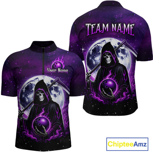Custom Purple Skeleton Bowling Jersey for Men Bowling Uniform Polo & 1/4 Zip Bowling Team Shirts HNT109