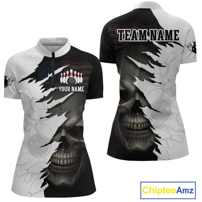 Custom Black White Skull Bowling Jersey for Women Bowling Polo & 1/4 Zip Bowling Team Shirts HNT111