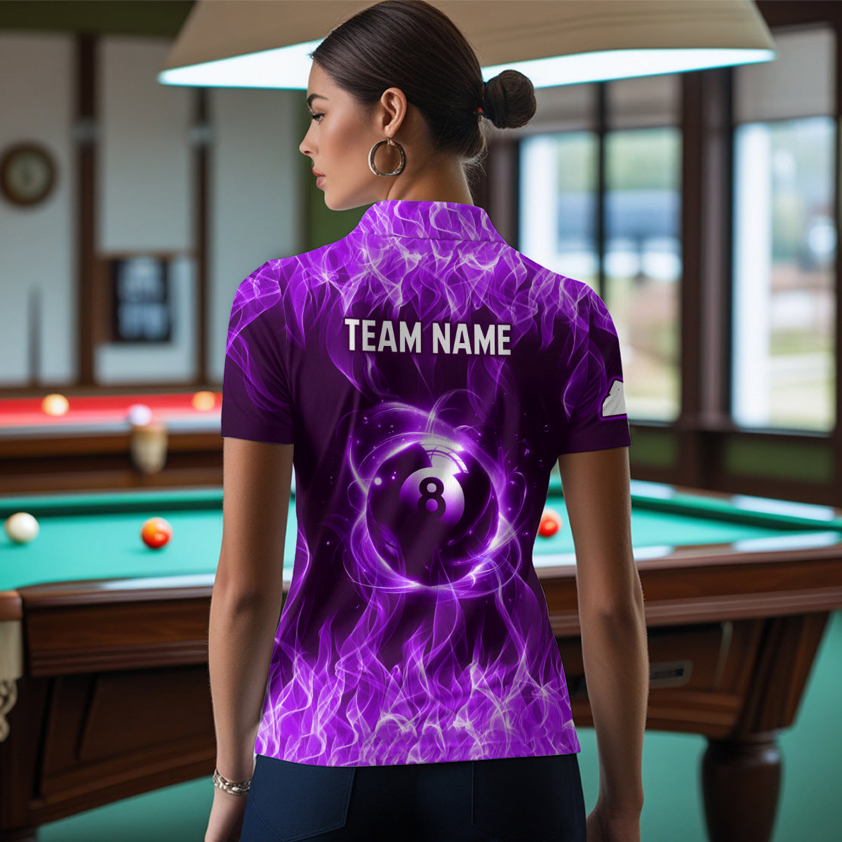 Purple Flaming 8 Ball Pool Shirts Women Billiard Polo & 1/4 Zip Shirts Billiard Team Jerseys NNT10