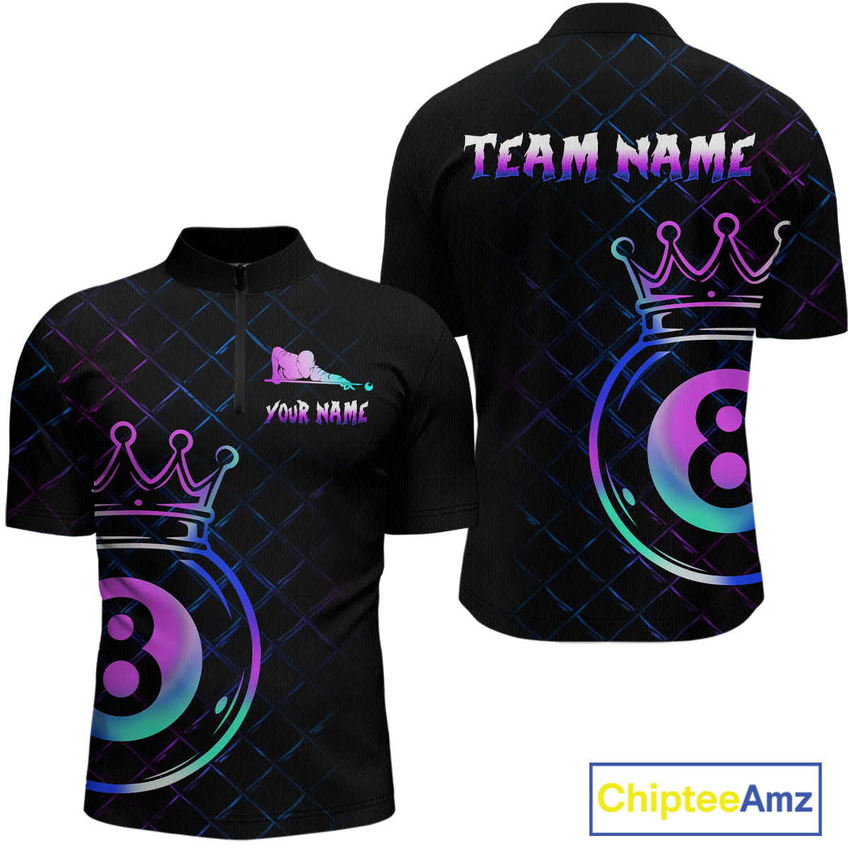 Custom Neon 8 Ball Crown Billiard Shirts for Men Billiard Team Jerseys Polo & 1/4 Zip Shirts NNT53