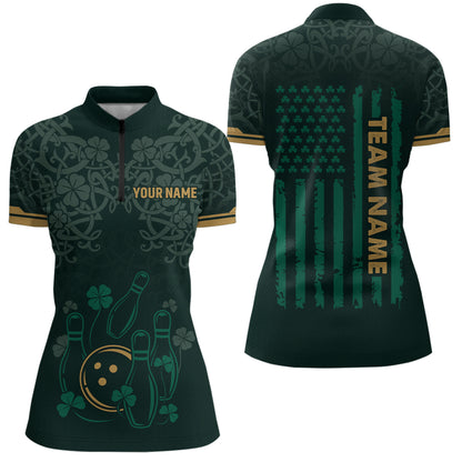Custom Name St Patrick's Day US Flag Bowling Shirt Women Team Polo & 1/4 Zip Shirts Bowling Team HNT14