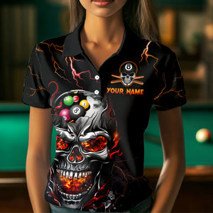 Personalized Thunder Skull Billiard Jerseys Women Polo & 1/4 Zip Shirt Funny Skull 8 Ball Pool Billiard for Women Team NNT03