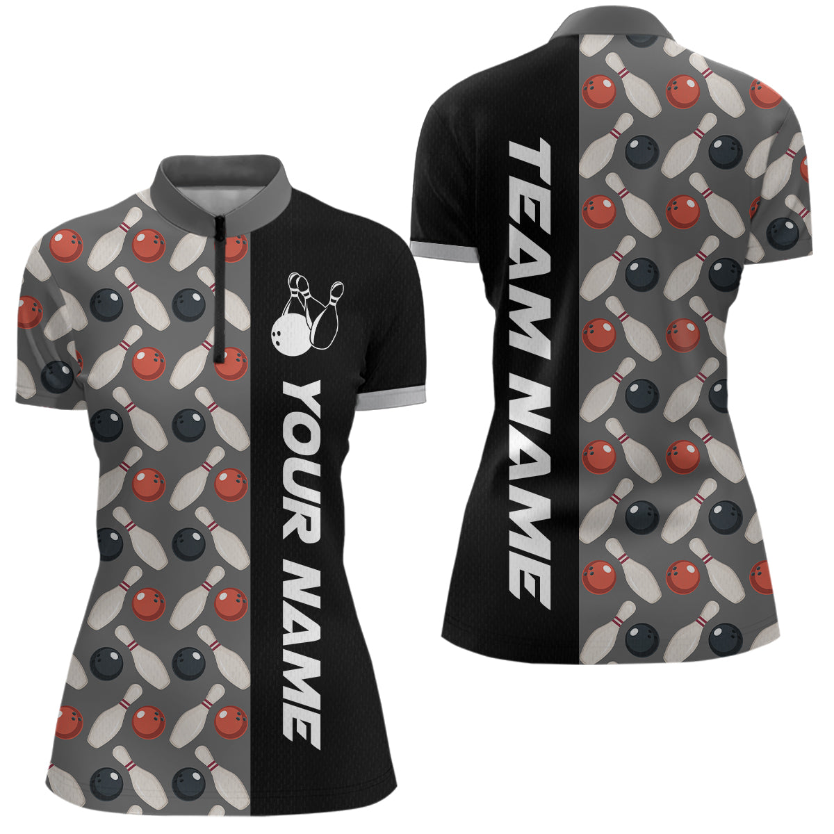 Dark Grey Bowling Pattern Custom Women Bowling Polo & Quarter-Zip Shirts Bowling Team Jerseys HNT45