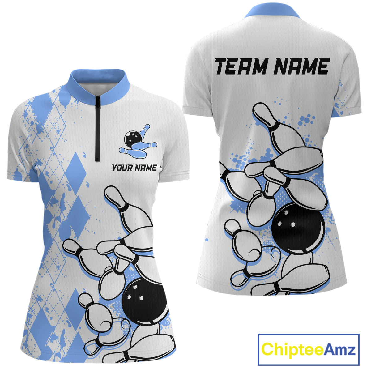 Blue Vintage Bowling Custom Women Bowling Shirt Polo & Quarter-Zip Bowling Team Jerseys HNT68