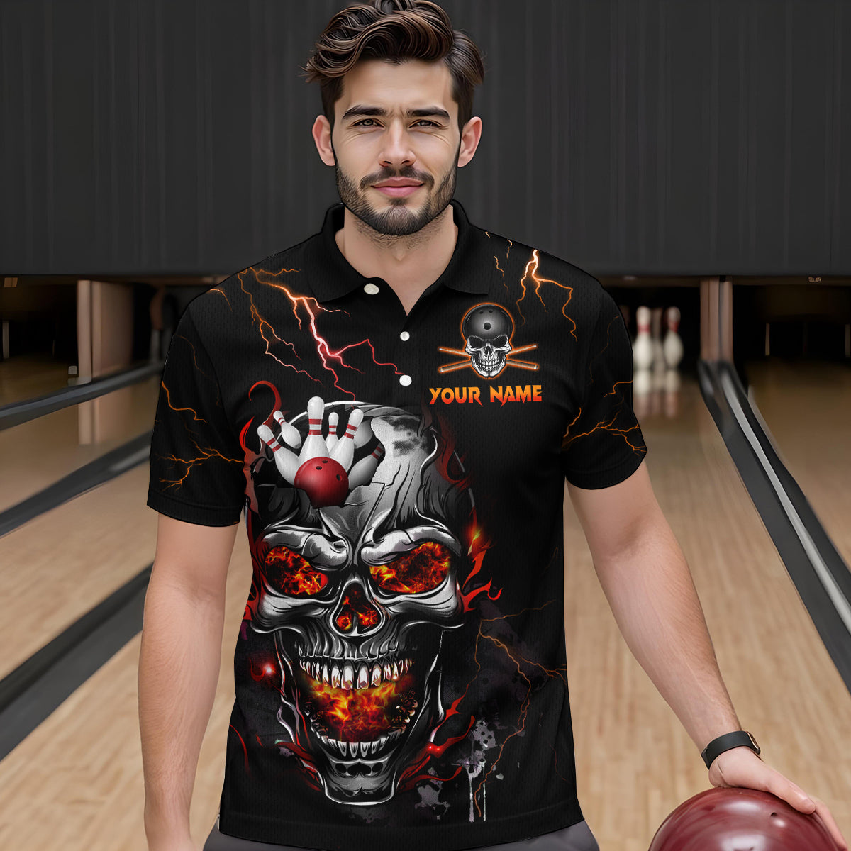 Thunder Bowling Jerseys Men Polo & 1/4 Zip Shirt Skull Bowling Shirt for Men HNT01