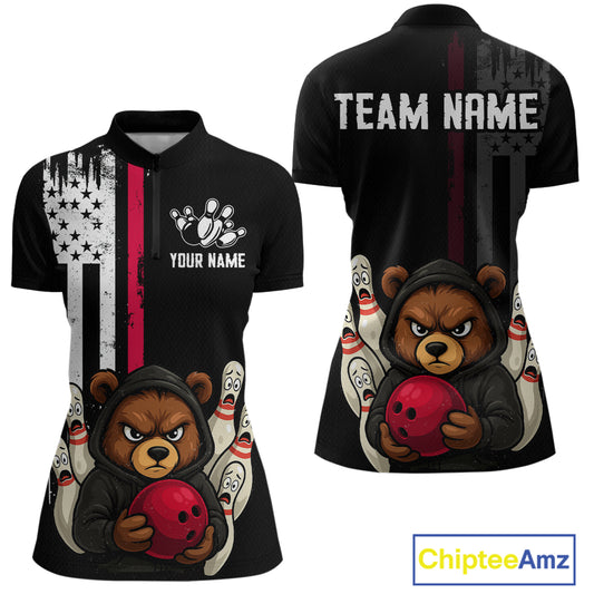 Custom American Flag Bear Bowling Women Polo & 1/4 Zip Shirts Bowling Team Jerseys HNT90